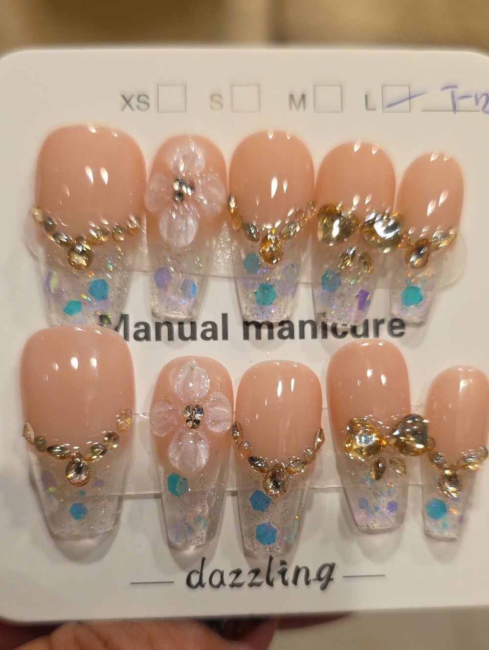 Dazzling Nude Pink Press-On Nails with Crystal Accents Size Large